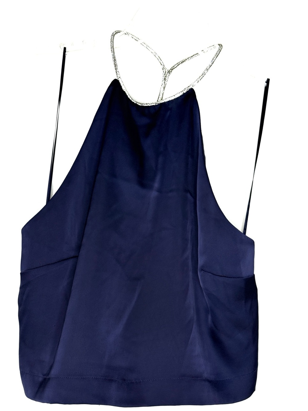 NWOT- Rachel Zoe Satin Halter Rhinestone Neckline Crop Top Navy MD